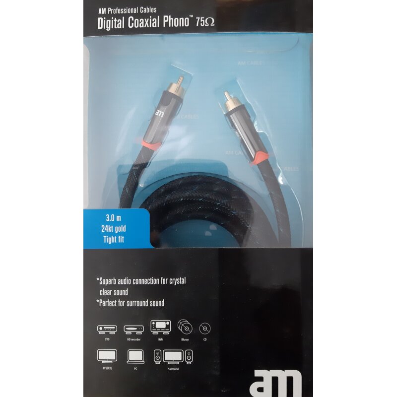Digital Coaxial RCA Kabel, AM Denmark 75343, 3m OFC 24K Gold S/PDIF, NEU