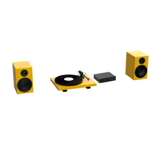 Pro-Ject Colourful Audio System Komplettes Hifi-Stereo-System PLattenspiele, Regallautsprecher + Verstärker | seidenmatt / Goldgelb