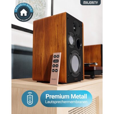 Aktiv Regallautsprecher BT, AUX,USB,HDMI,opt.,Braun,1 Paar,MAJORITY D100, GEPRÜFT