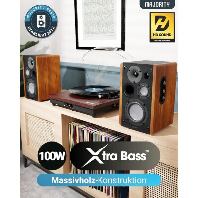 Aktiv Regallautsprecher BT, AUX,USB,HDMI,opt.,Braun,1 Paar,MAJORITY D100, GEPRÜFT