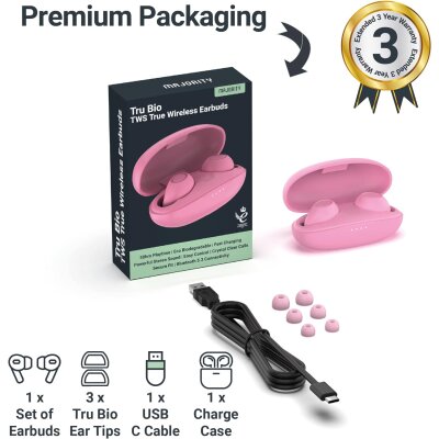 MAJORITY TRU Bio TWS True Wireless Earbuds I Pink | 30 Stunden Spielzeit I Bluetooth Kopfhörer 5.3 I Leistungsstarker Stereo-Sound I Einfache Steuerung, Schnellladung, RETOURE