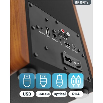 Aktiv Regallautsprecher BT, AUX,USB,HDMI,Braun,1 Paar,MAJORITY D100, WIE NEU