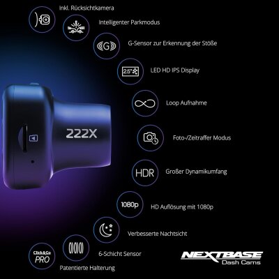 1080p Front & 720p Rear Dash-Cam, 140° Blickwinkel, Parkmodus, Nextbase 222XRZSD, WIE NEU