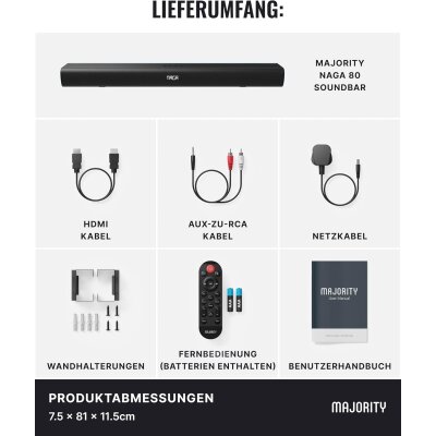 Soundbar für TV Geräte,140W 2.2 Internem Subw., BT, ARC,Majority NAGA80, GEPRÜFT