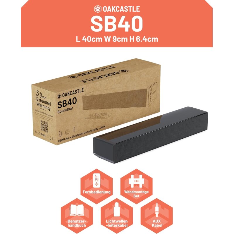 TV Soundbar, BT, Standard ohne HDMI Kabel, Oakcastle SB40, UNVOLLSTÄNDIG