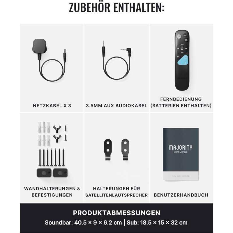 Soundbar 5.1 HDMI eARC BT Subwoofer, Majority Bowfell Halo ATMOS, UNVOLLSTÄNDIG