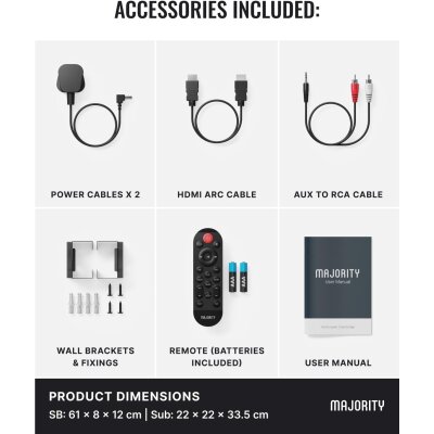 Soundbar Subwoofer 2.1 HDMI ARC Bluetooth USB, Majority NAGA 60 Plus, GEPRÜFT