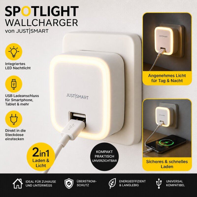 USB Wallcharger Steckdose LED Nachtlicht  Ladegerät,Justsmart Spotlight WIE NEU