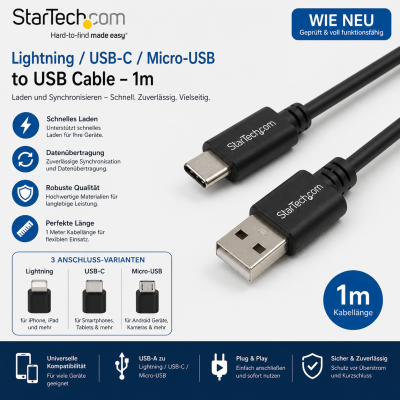 USB Kabel 1m Lightning USB-C Micro USB Lade Datenkabel...