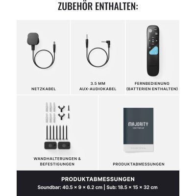 2.1 Soundbar Bluetooth HDMI ARC, Subwoofer, Majority Bowfell Axis Dolby, GEPRÜFT
