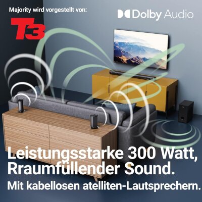 Soundbar 5.1, kabelloser Sat+Sub USB, AUX, Opt, HDMI ARC, Fernbed. Majority Everest, MANGEL