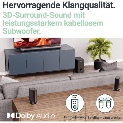 Soundbar 5.1, kabelloser Sat+Sub USB, AUX, Opt, HDMI ARC, Fernbed. Majority Everest, MANGEL