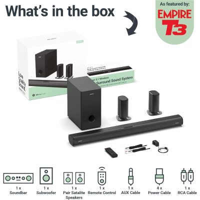 Soundbar 5.1, kabelloser Sat+Sub USB, AUX, Opt, HDMI ARC, Fernbed. Majority Everest, MANGEL